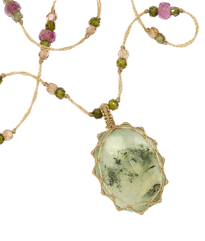 Sautoir tibétain - Prehnite Rutile - Mix Tourmaline - Fil Beige