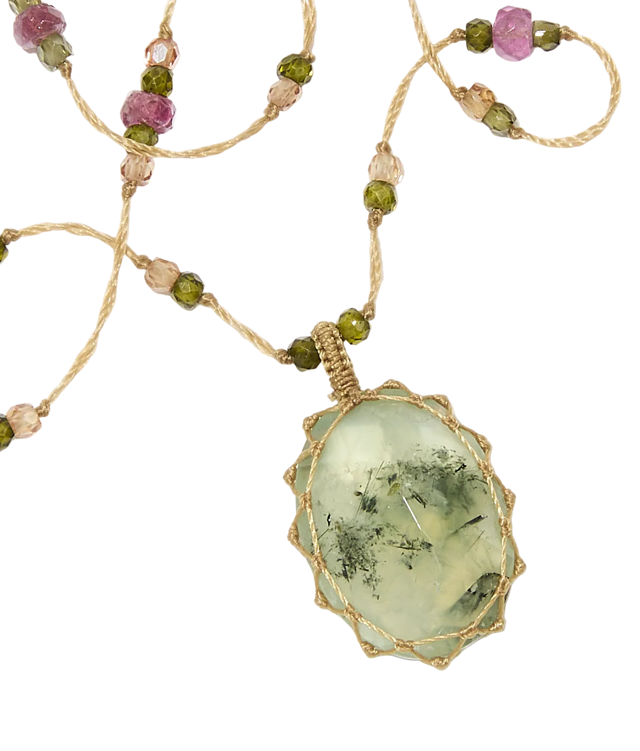 Sautoir tibétain - Prehnite Rutile - Mix Tourmaline - Fil Beige