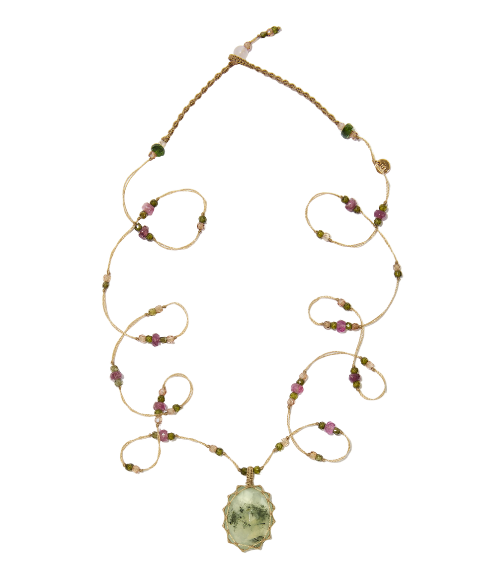 Sautoir tibétain - Prehnite Rutile - Mix Tourmaline - Fil Beige