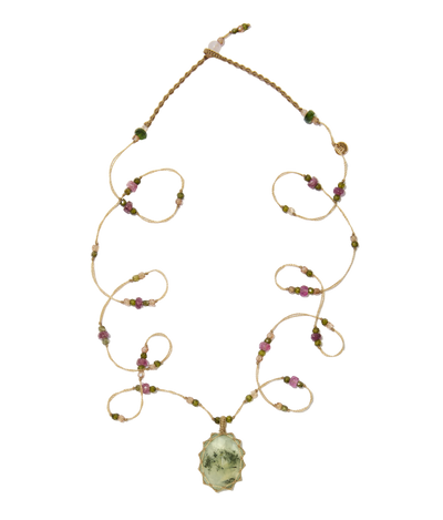 Sautoir tibétain - Prehnite Rutile - Mix Tourmaline - Fil Beige