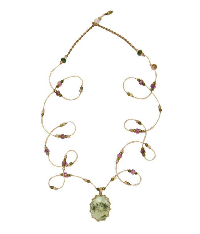 Sautoir tibétain - Prehnite Rutile - Mix Tourmaline - Fil Beige