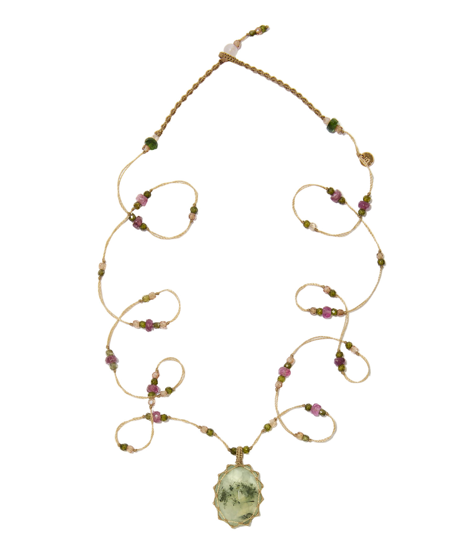 Sautoir tibétain - Prehnite Rutile - Mix Tourmaline - Fil Beige