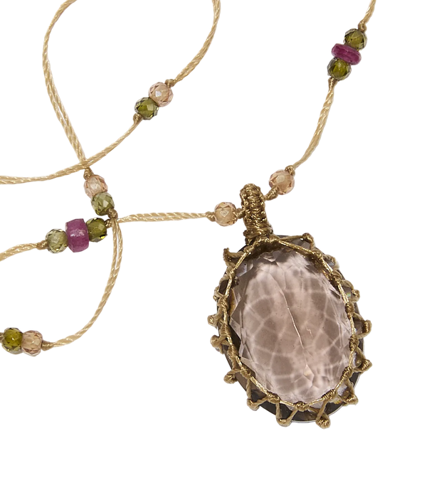 Sautoir tibétain - Quartz fumé - Mix Tourmaline - Fil Beige