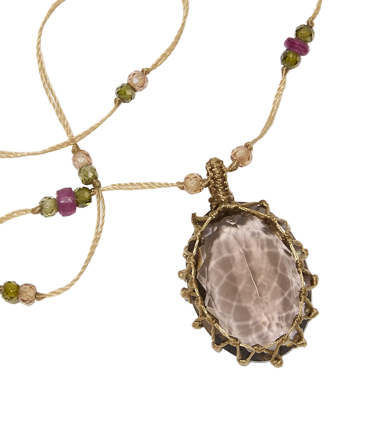 Sautoir tibétain - Quartz fumé - Mix Tourmaline - Fil Beige