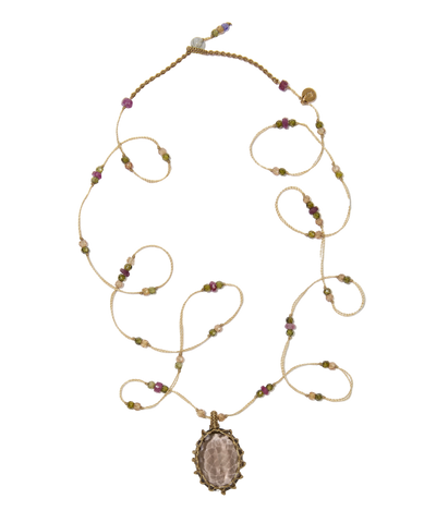 Sautoir tibétain - Quartz fumé - Mix Tourmaline - Fil Beige