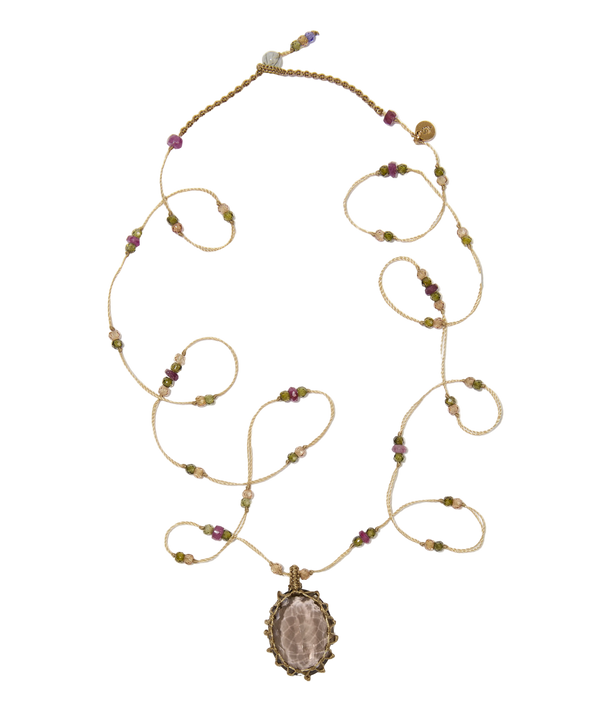 Sautoir tibétain - Quartz fumé - Mix Tourmaline - Fil Beige