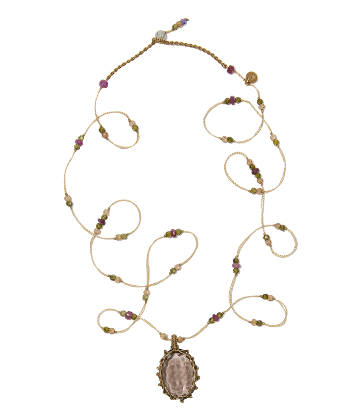 Sautoir tibétain - Quartz fumé - Mix Tourmaline - Fil Beige
