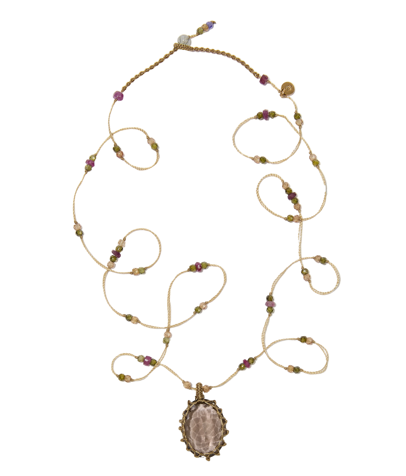 Sautoir tibétain - Quartz fumé - Mix Tourmaline - Fil Beige