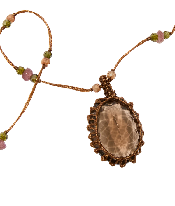Sautoir tibétain - Quartz fumé - Mix Tourmaline - Fil Tabac
