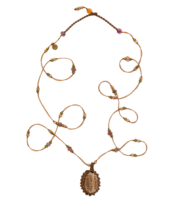 Sautoir tibétain - Quartz fumé - Mix Tourmaline - Fil Tabac