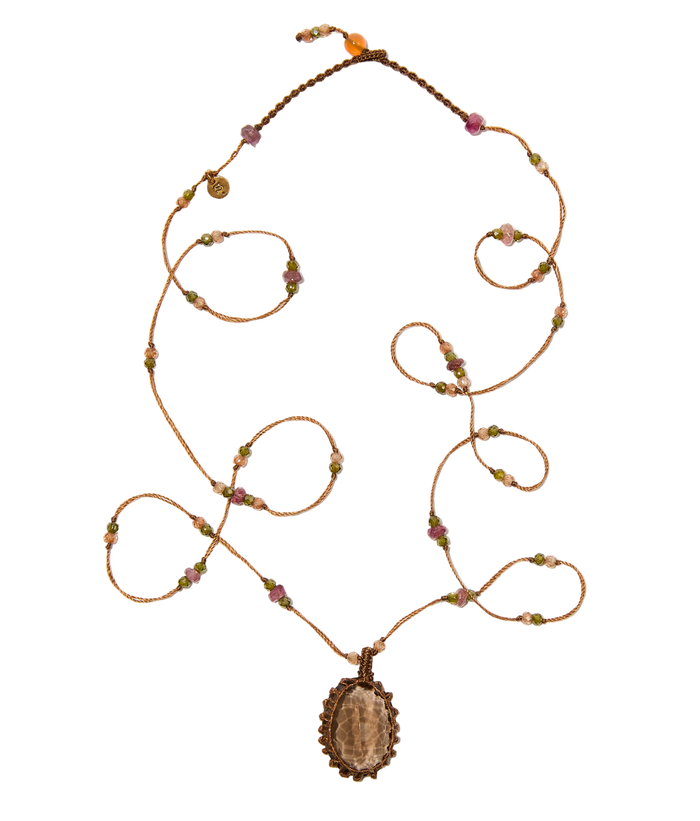 Sautoir tibétain - Quartz fumé - Mix Tourmaline - Fil Tabac