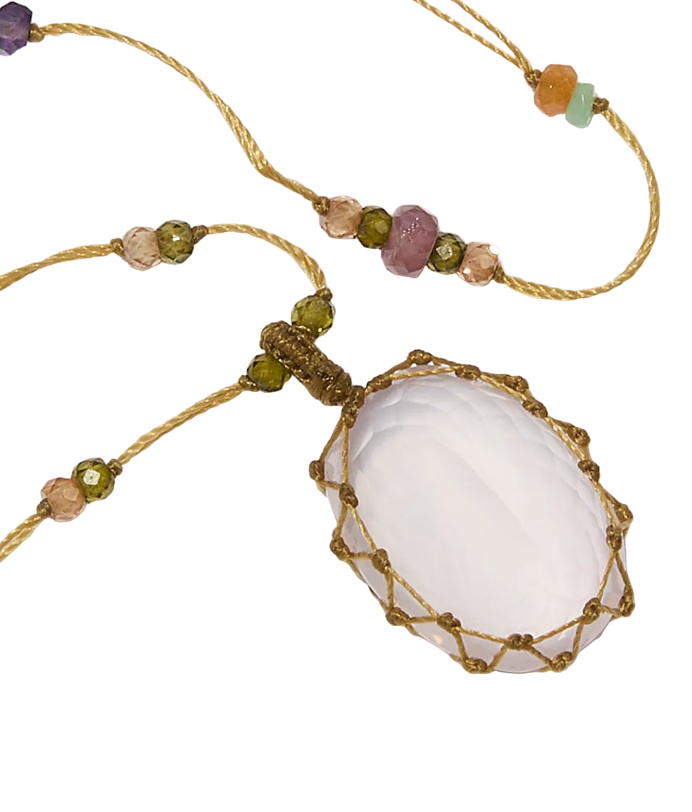 Sautoir tibétain - Quartz rose - Mix Multipierre - Fil Beige