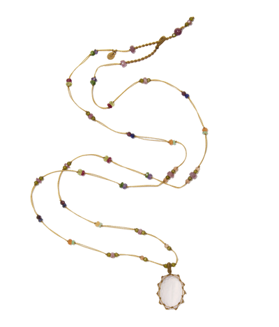 Sautoir tibétain - Quartz rose - Mix Multipierre - Fil Beige