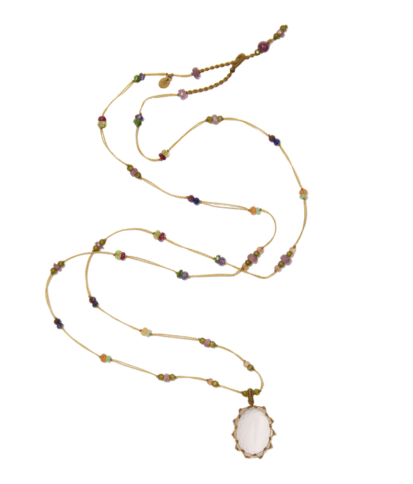 Sautoir tibétain - Quartz rose - Mix Multipierre - Fil Beige