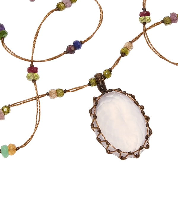 Sautoir tibétain - Quartz rose - Mix Multipierre - Fil Tabac