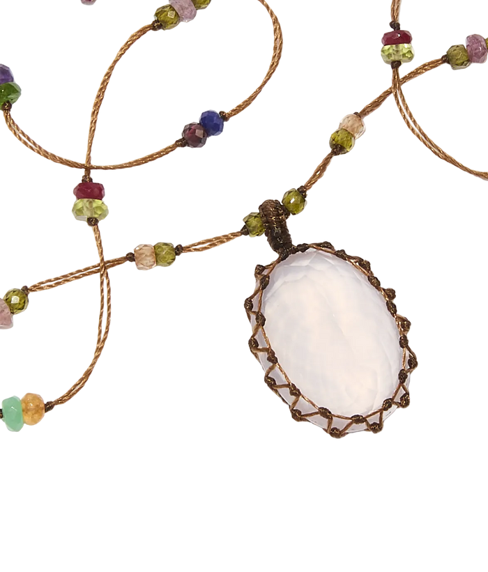 Sautoir tibétain - Quartz rose - Mix Multipierre - Fil Tabac