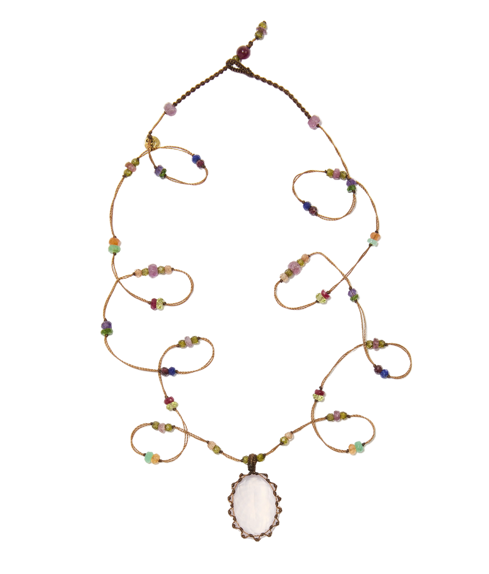 Sautoir tibétain - Quartz rose - Mix Multipierre - Fil Tabac