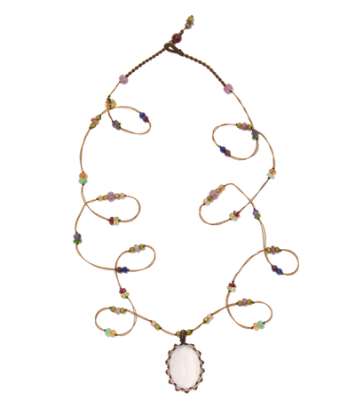 Sautoir tibétain - Quartz rose - Mix Multipierre - Fil Tabac