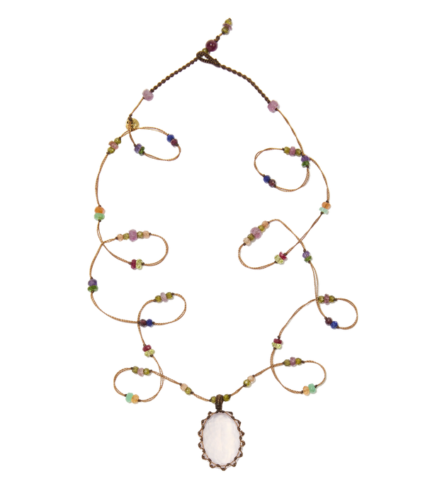 Sautoir tibétain - Quartz rose - Mix Multipierre - Fil Tabac