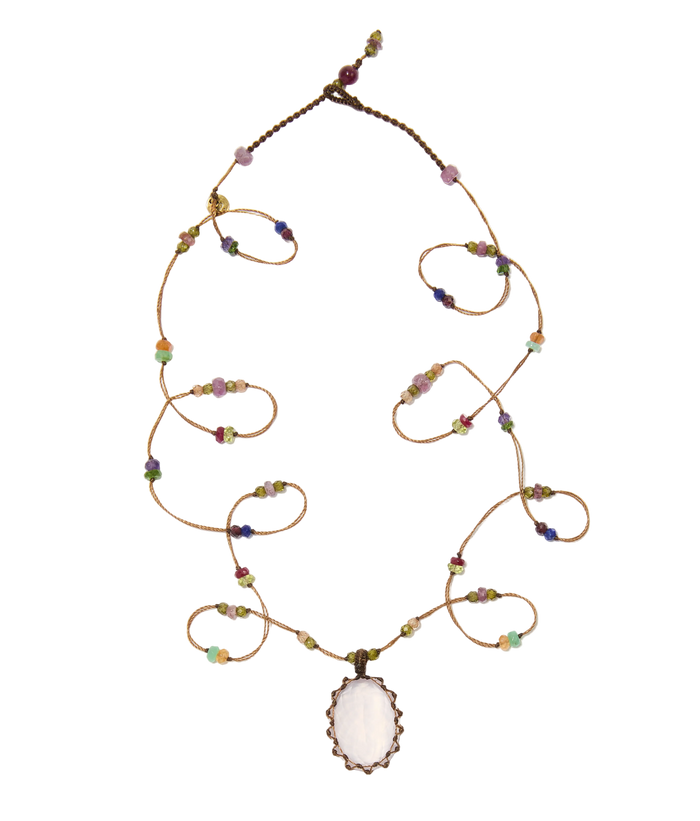 Sautoir tibétain - Quartz rose - Mix Multipierre - Fil Tabac