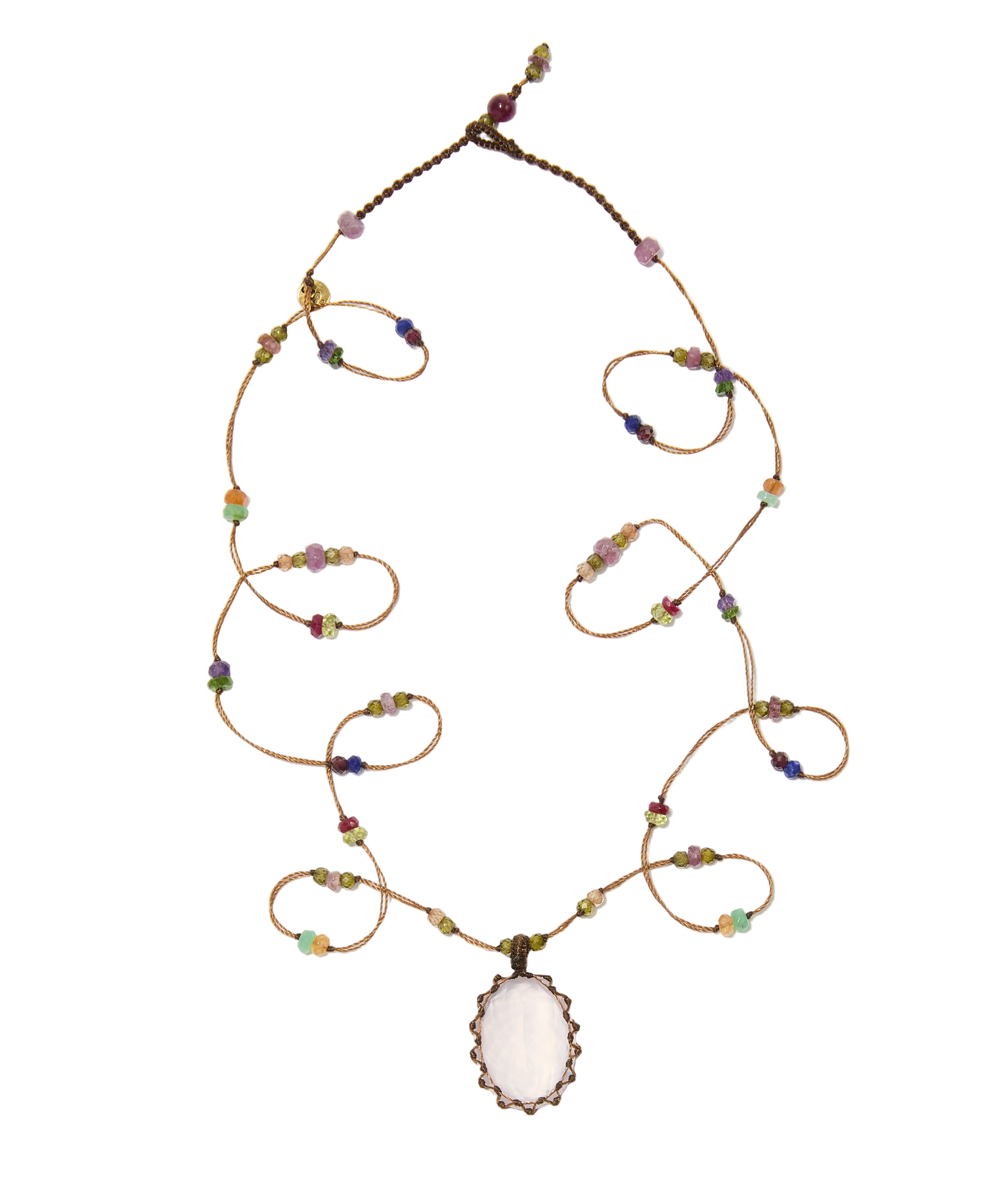 Sautoir tibétain - Quartz rose - Mix Multipierre - Fil Tabac
