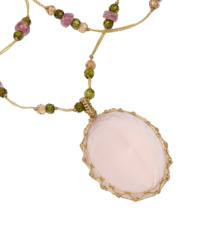 Sautoir tibétain - Quartz rose - Mix Tourmaline - Fil Beige