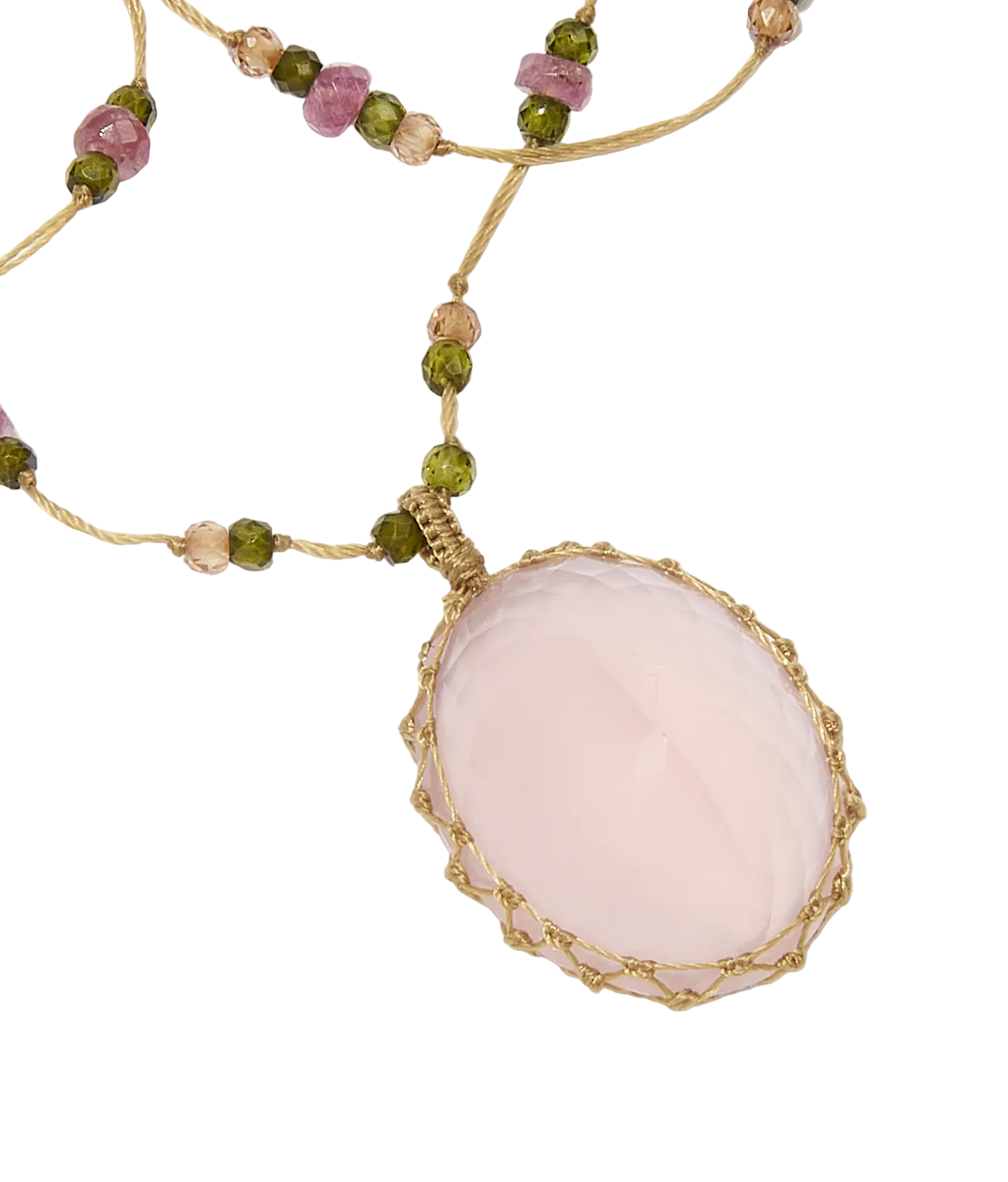 Sautoir tibétain - Quartz rose - Mix Tourmaline - Fil Beige