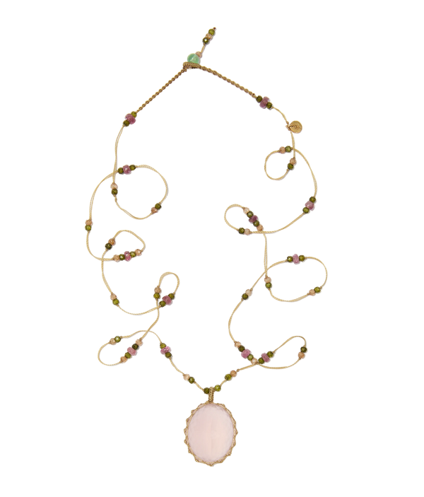 Sautoir tibétain - Quartz rose - Mix Tourmaline - Fil Beige