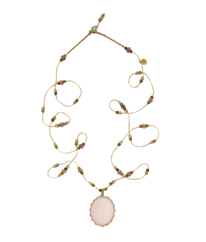 Sautoir tibétain - Quartz rose - Mix Tourmaline - Fil Beige