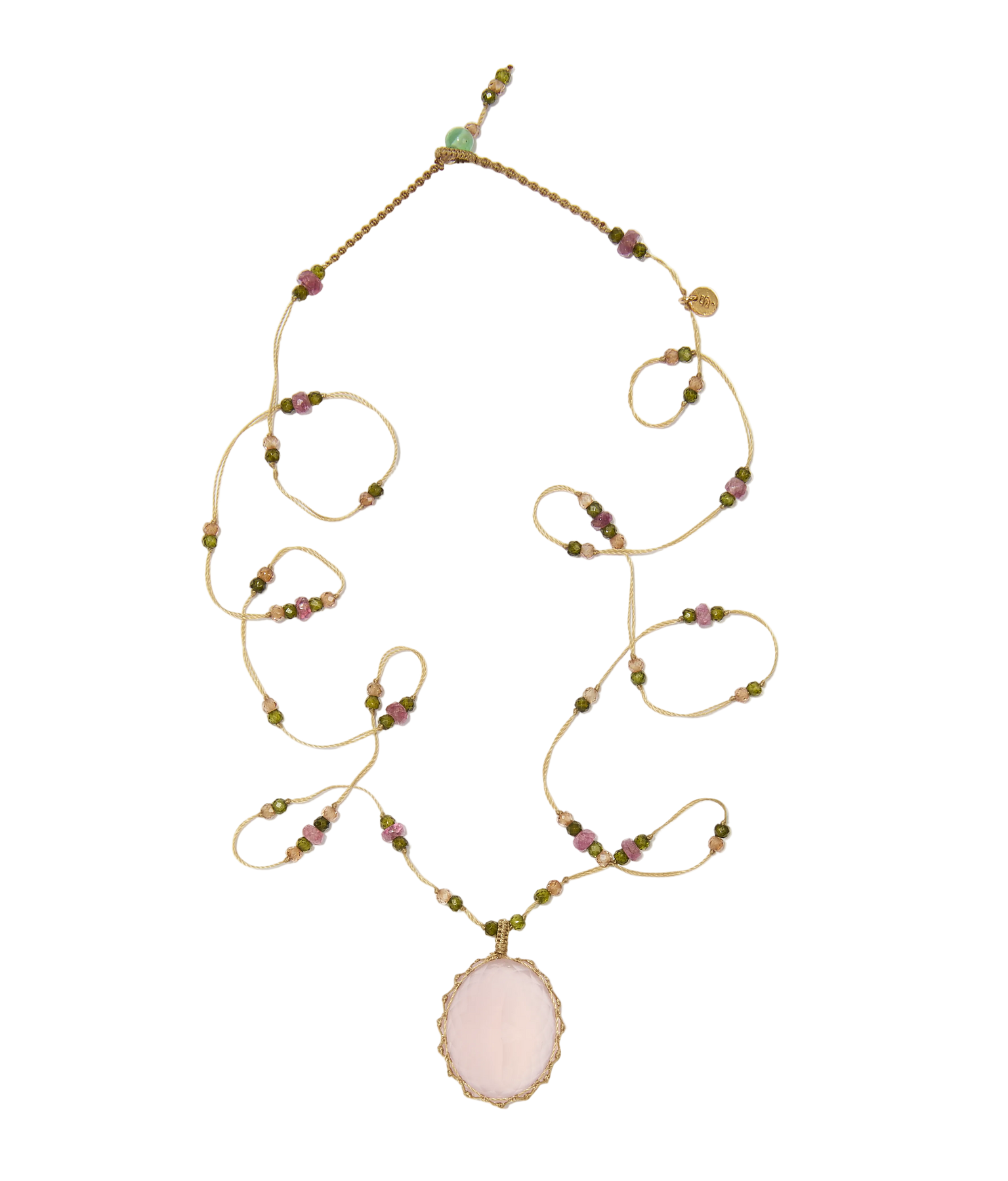 Sautoir tibétain - Quartz rose - Mix Tourmaline - Fil Beige