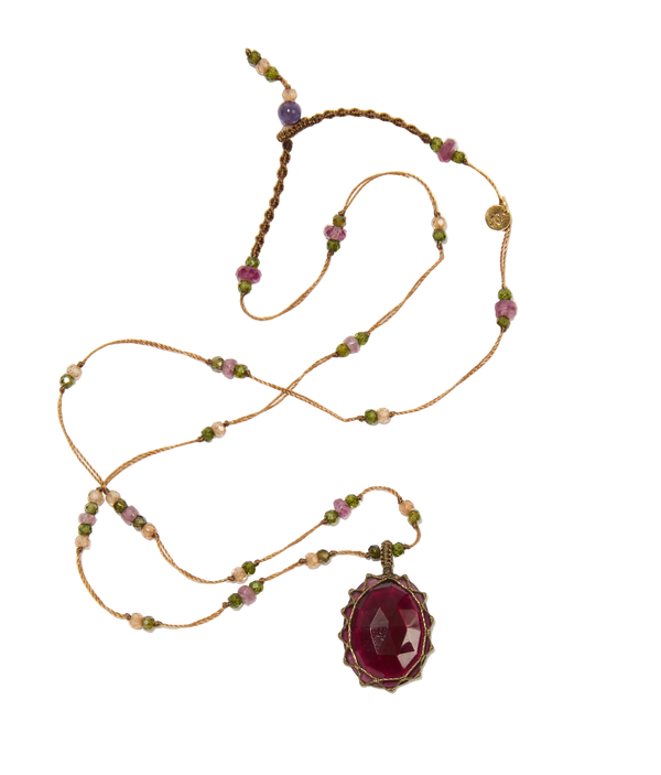 Sautoir tibétain - Rhodolite - Mix Tourmaline - Fil Tabac