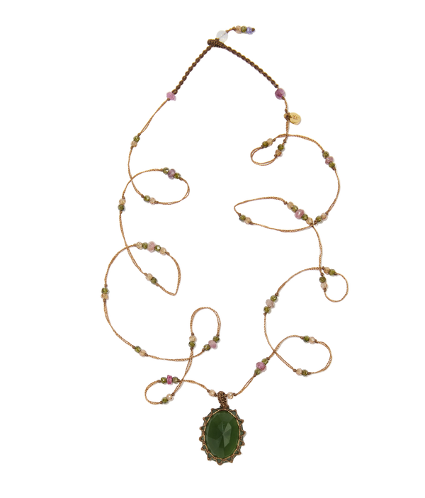 Sautoir tibétain - Serpentine - Mix Tourmaline - Fil Tabac