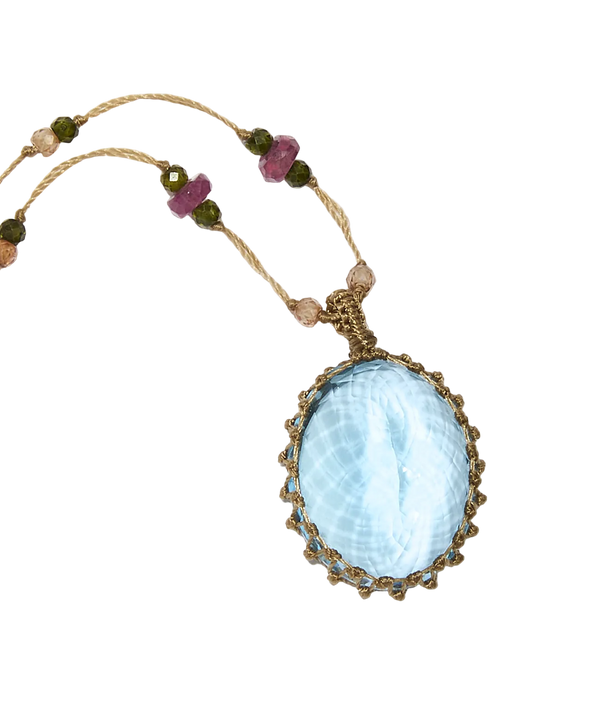 Sautoir tibétain - Topaze Bleue - Mix Tourmaline - Fil Beige