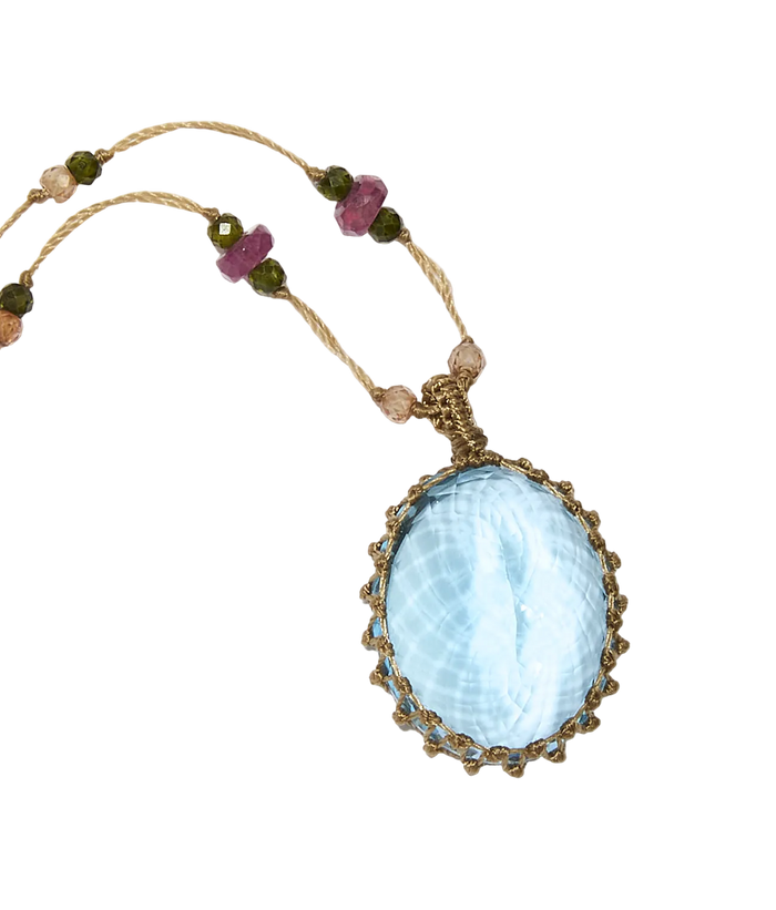 Sautoir tibétain - Topaze Bleue - Mix Tourmaline - Fil Beige