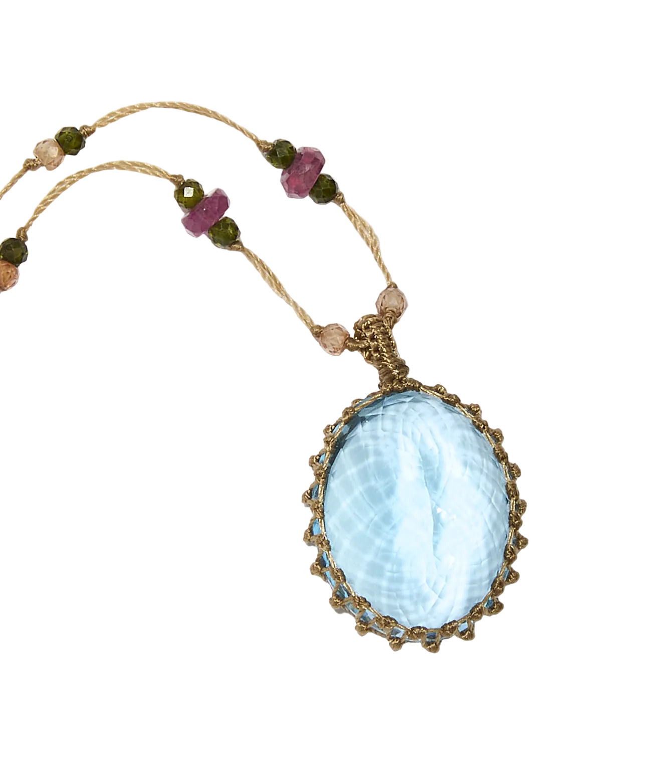 Sautoir tibétain - Topaze Bleue - Mix Tourmaline - Fil Beige