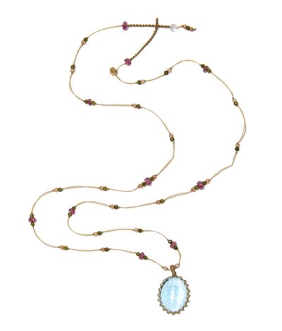 Sautoir tibétain - Topaze Bleue - Mix Tourmaline - Fil Beige