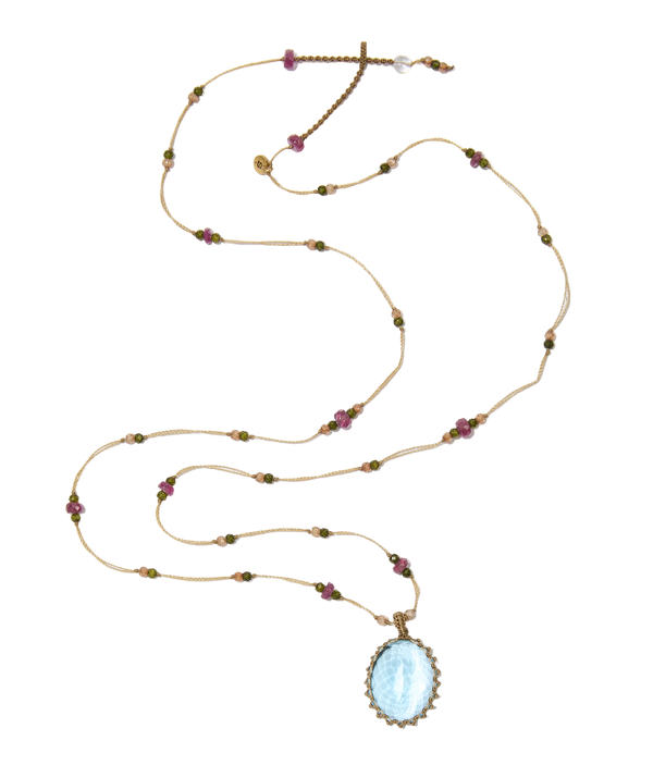 Sautoir tibétain - Topaze Bleue - Mix Tourmaline - Fil Beige