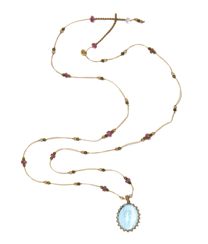 Sautoir tibétain - Topaze Bleue - Mix Tourmaline - Fil Beige