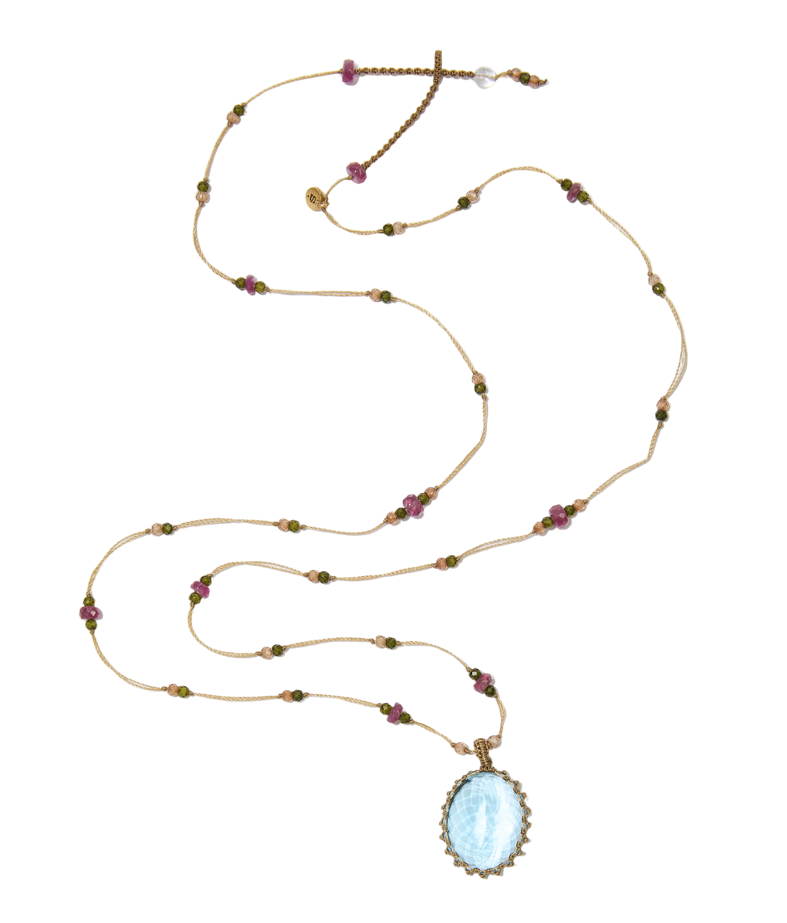 Sautoir tibétain - Topaze Bleue - Mix Tourmaline - Fil Beige