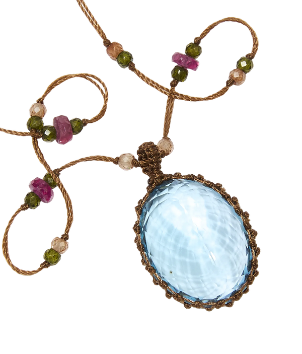 Sautoir tibétain - Topaze Bleue - Mix Tourmaline - Fil Tabac