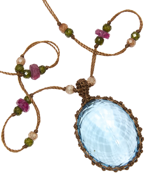Sautoir tibétain - Topaze Bleue - Mix Tourmaline - Fil Tabac