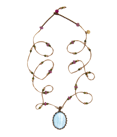 Sautoir tibétain - Topaze Bleue - Mix Tourmaline - Fil Tabac