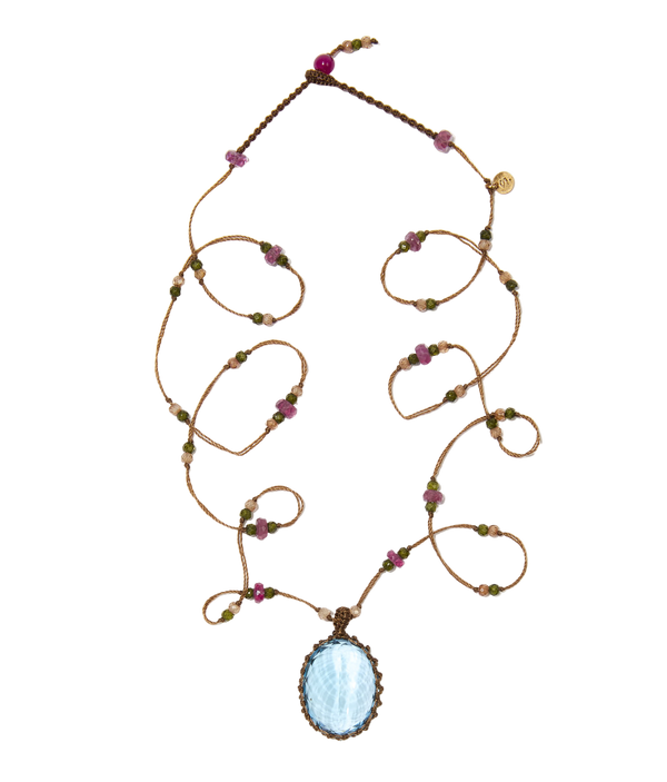 Sautoir tibétain - Topaze Bleue - Mix Tourmaline - Fil Tabac