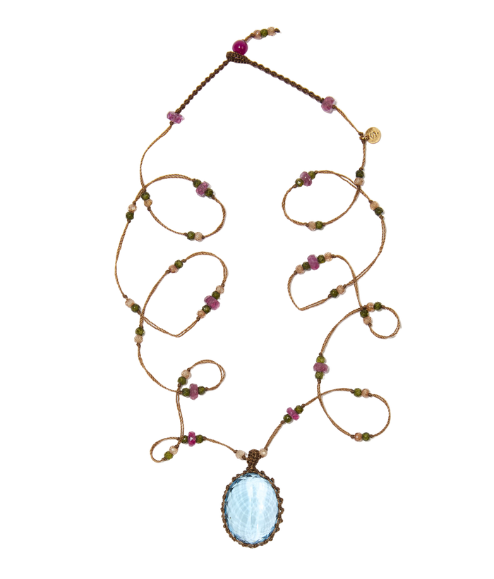 Sautoir tibétain - Topaze Bleue - Mix Tourmaline - Fil Tabac