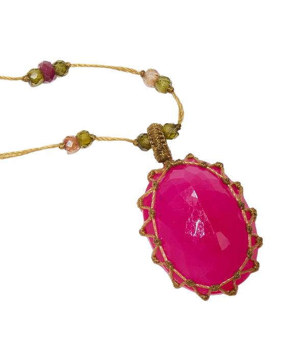 Sautoir tibétain - Calcédoine rose - Mix Multipierre - Fil Beige