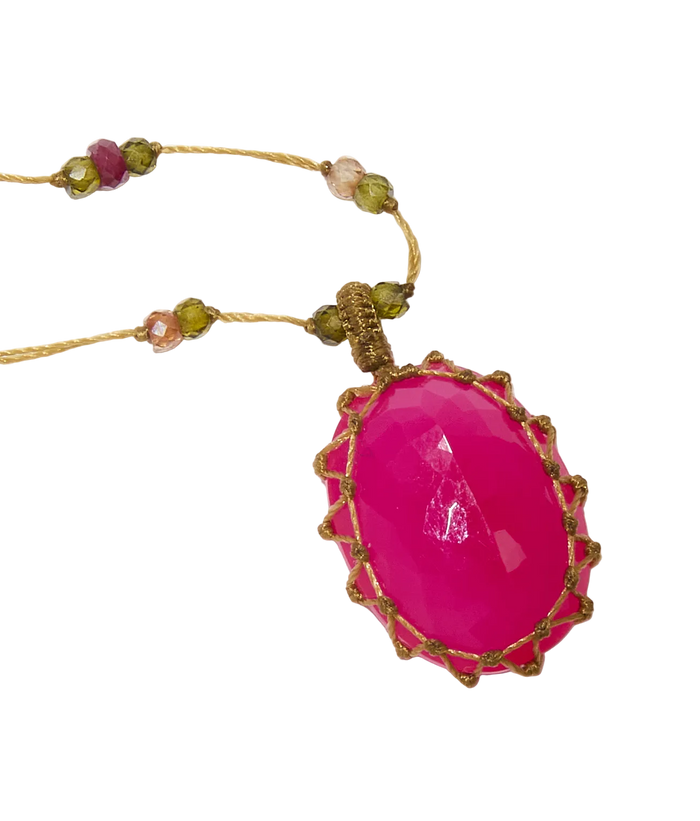 Sautoir tibétain - Calcédoine rose - Mix Multipierre - Fil Beige