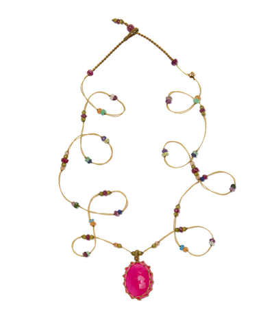Sautoir tibétain - Calcédoine rose - Mix Multipierre - Fil Beige