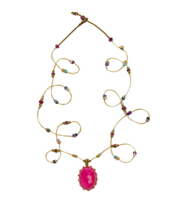 Sautoir tibétain - Calcédoine rose - Mix Multipierre - Fil Beige