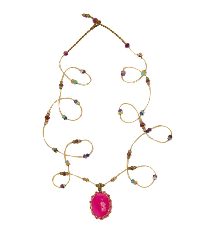 Sautoir tibétain - Calcédoine rose - Mix Multipierre - Fil Beige