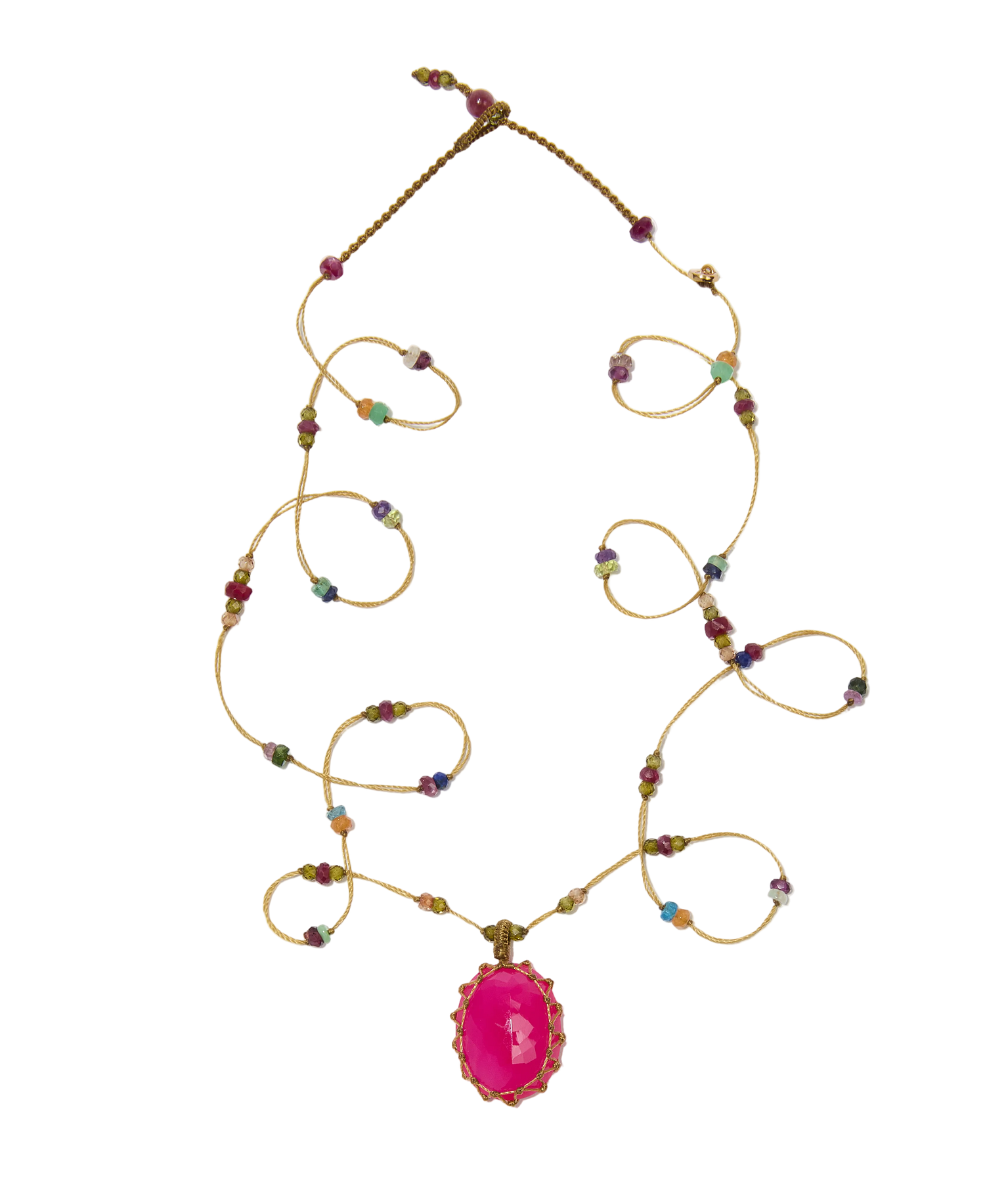 Sautoir tibétain - Calcédoine rose - Mix Multipierre - Fil Beige